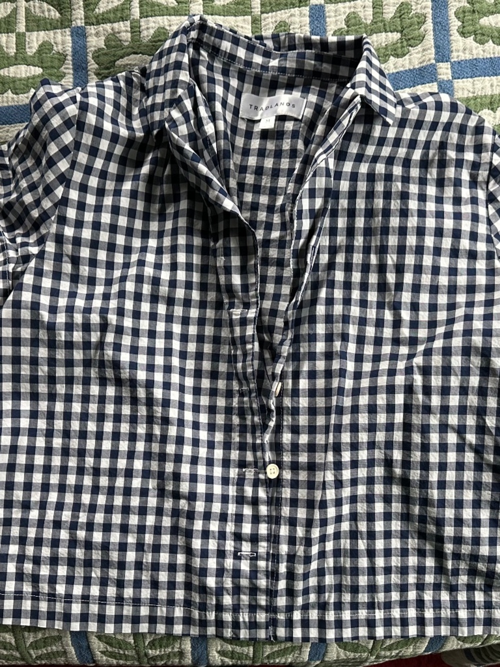 Tradlands navy gingham box top - size m - missing button